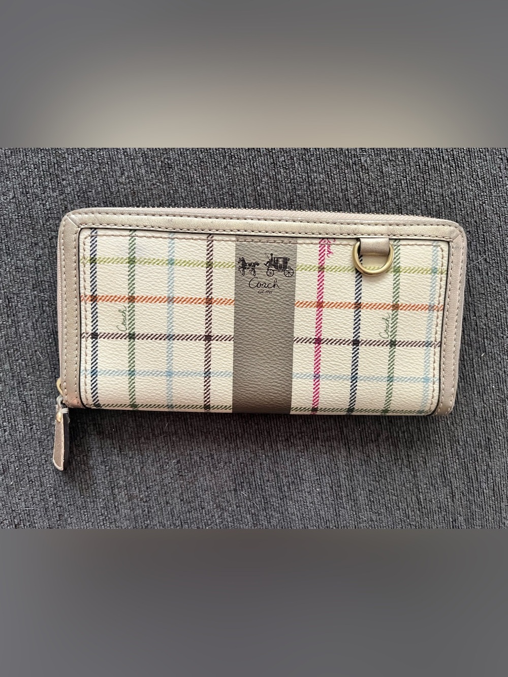 Coach Multicolor Plaid Leather Wristlet with Taupe Center Stripe